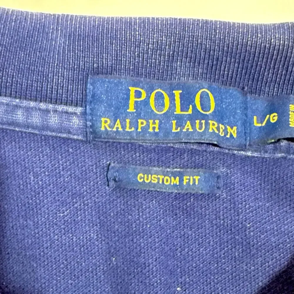Ralph Lauren Men’s L Polo Shirt 100% Cotton Navy Blue Red Pony Logo Custom Fit